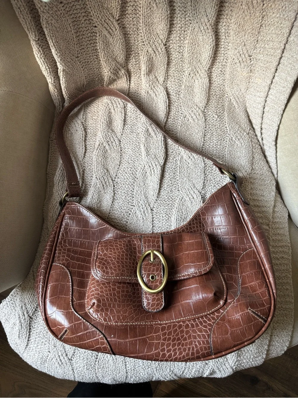 Croc-Embossed Leather Shoulder Bag with Brass Oval Buckle